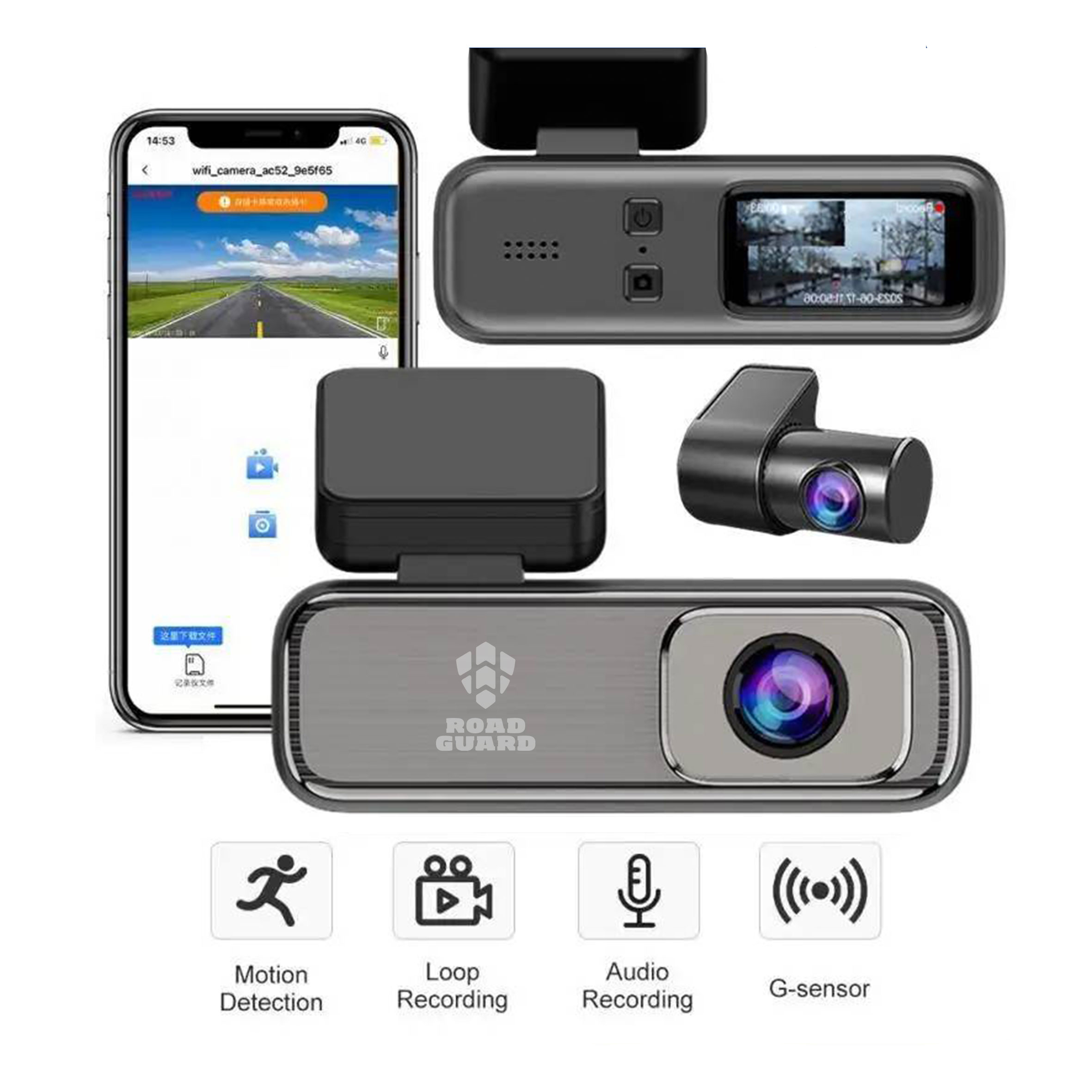 دوربین ثبت وقایع خودرو رودگارد مدل RG CAM7 4k به همراه دوربین عقب و کیت برق مستقیم