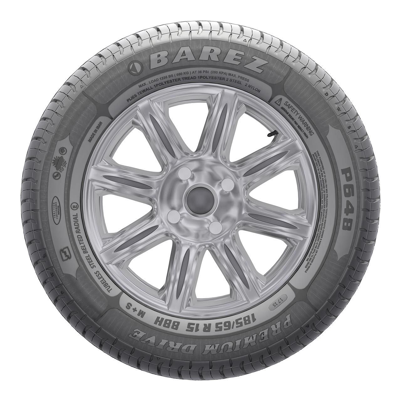لاستیک خودرو سواری بارز مدل P648 سایز 185/65 R15 تیوبلس چهارفصل طرح آج Premium Drive تولید 2025 دو حلقه